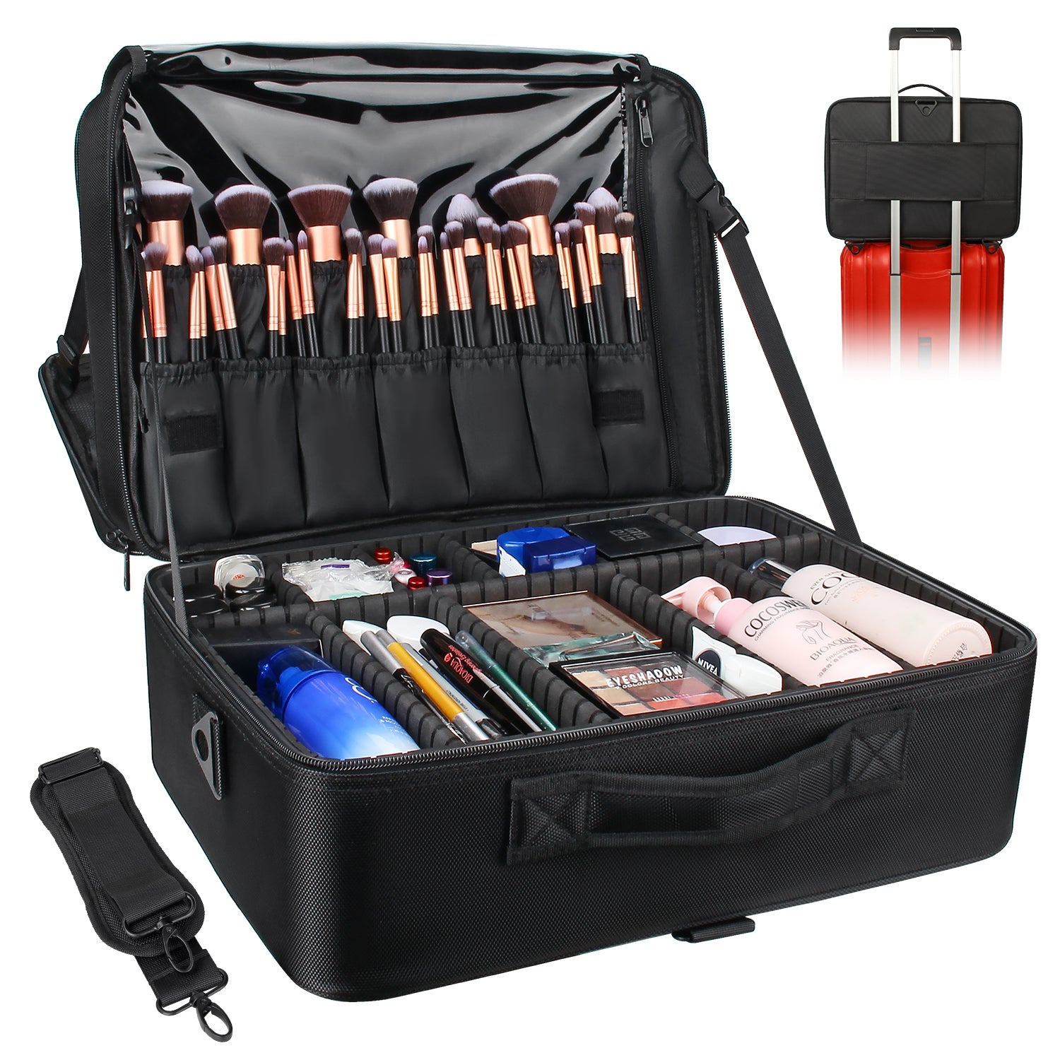 big makeup travel bag EACHY for Women, PU Leather Cosmetic Bag, Brown, Medium CONSIDERABLE DESIGN Extra Large Makeup Cases –