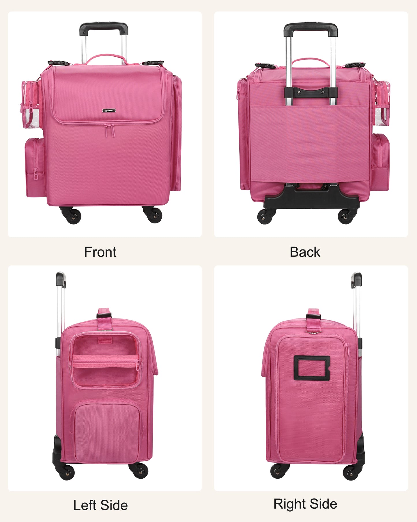 Rolling Hairstylist Makeup Train Case with 4 Wheels, Rose Pink