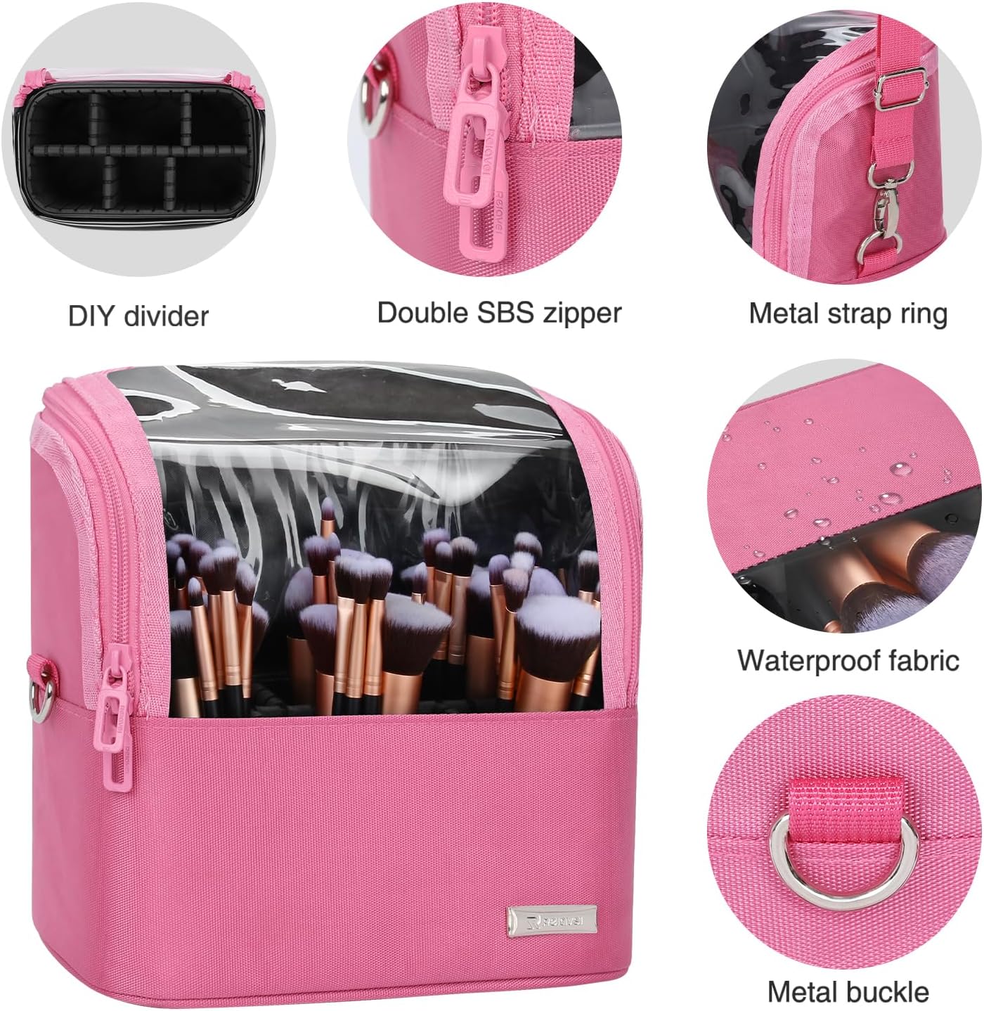 Available for sale in the United States only.Makeup Brush Case with Shoulder Strap and Adjustable Divider (Large Rose Pink)