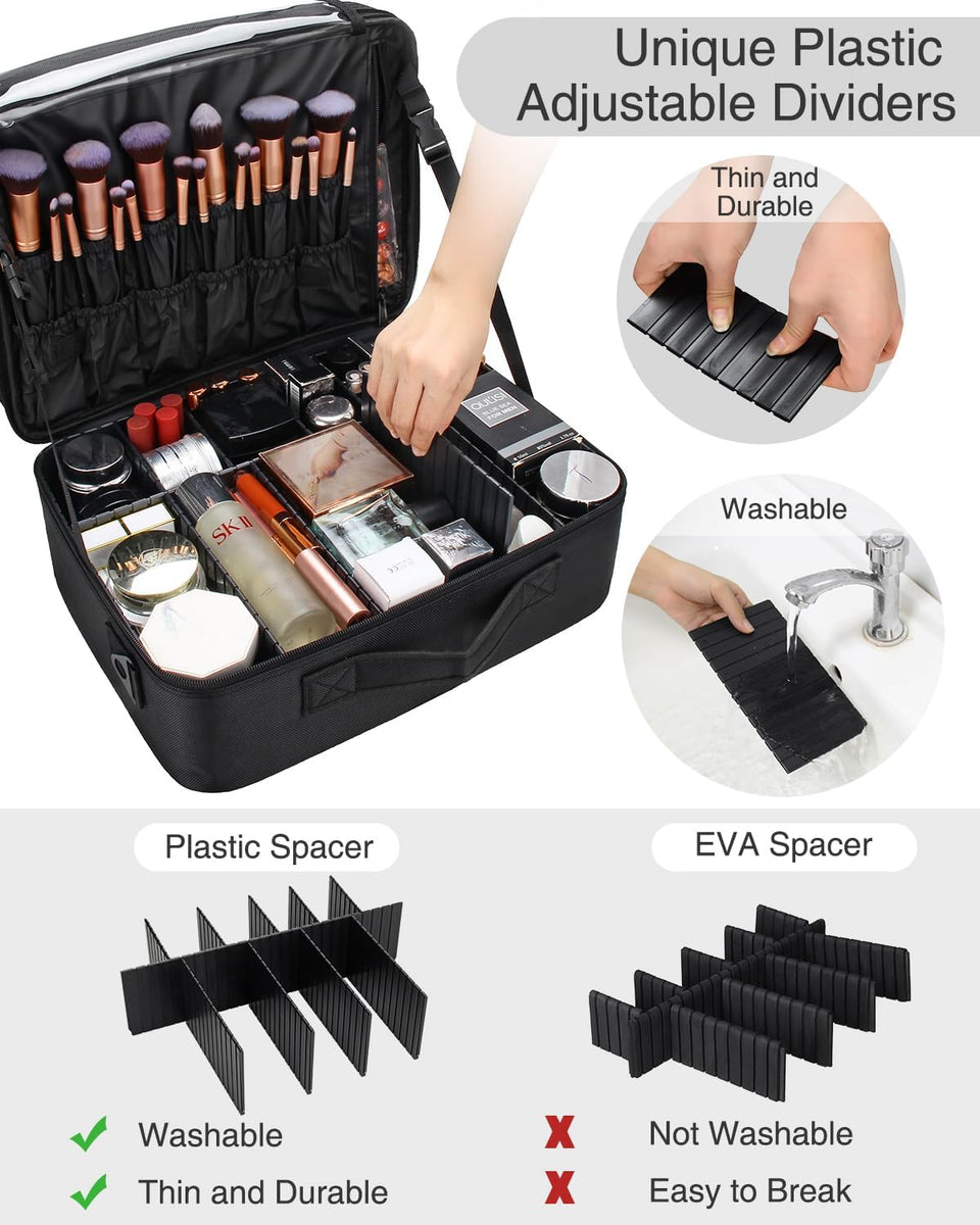Makeup Brush Case with Shoulder Strap and Adjustable Divider (Large Black)