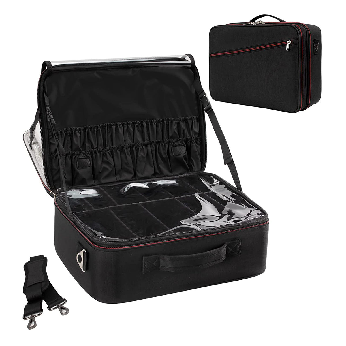 relavel Rolling Extra Large 3-Layer Makeup Train Case with Adjustable Divider (Black) Black