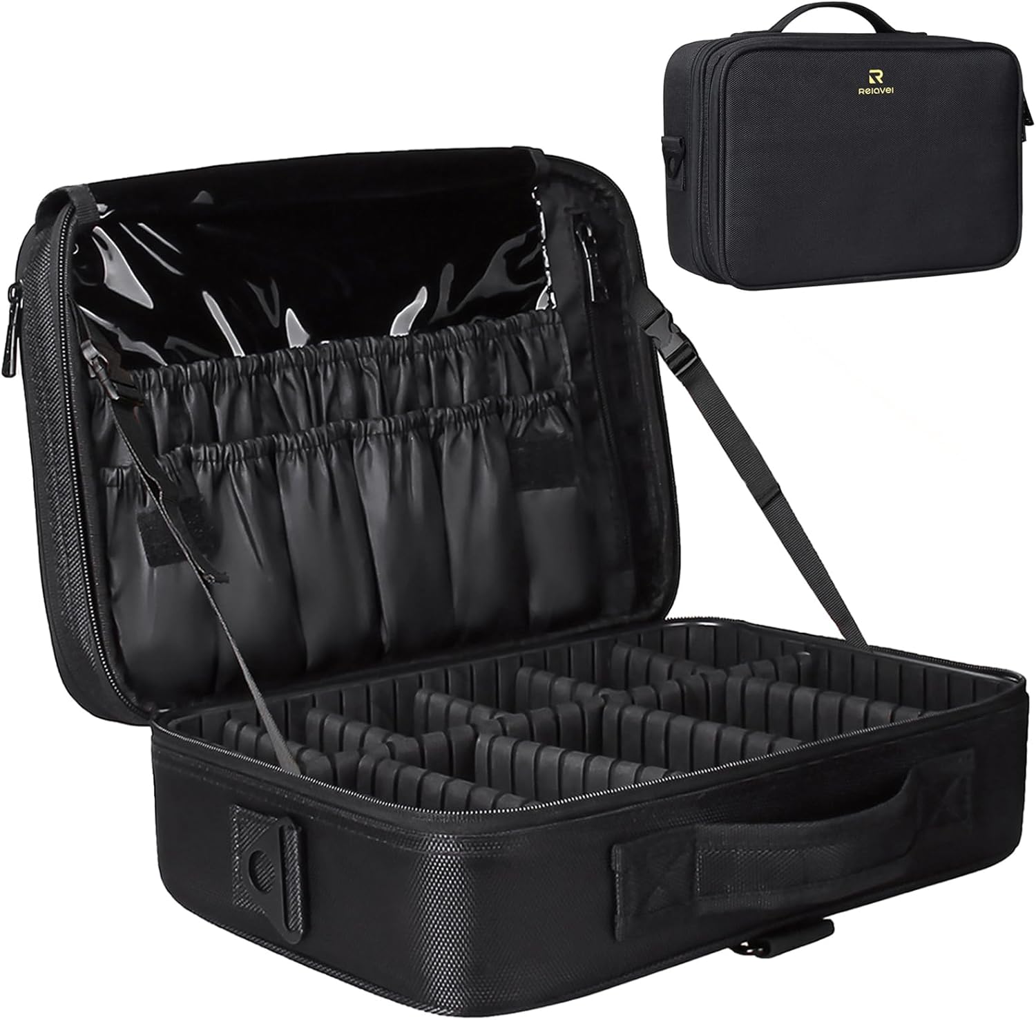black travel makeup bag Jetsetter Train Case-Preto structured storage for beauty essentials on the go Voyager Toiletry Bag-Preto Black