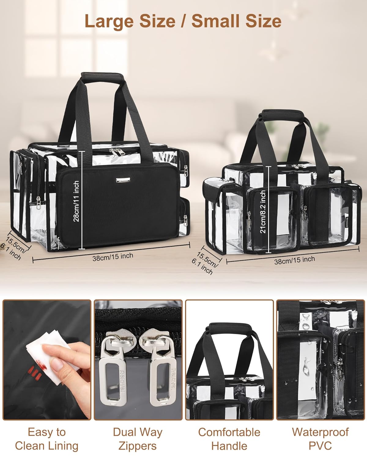 Relavel Clear Travel Makeup Shoulder Bag with Adjustable Dividers, Black