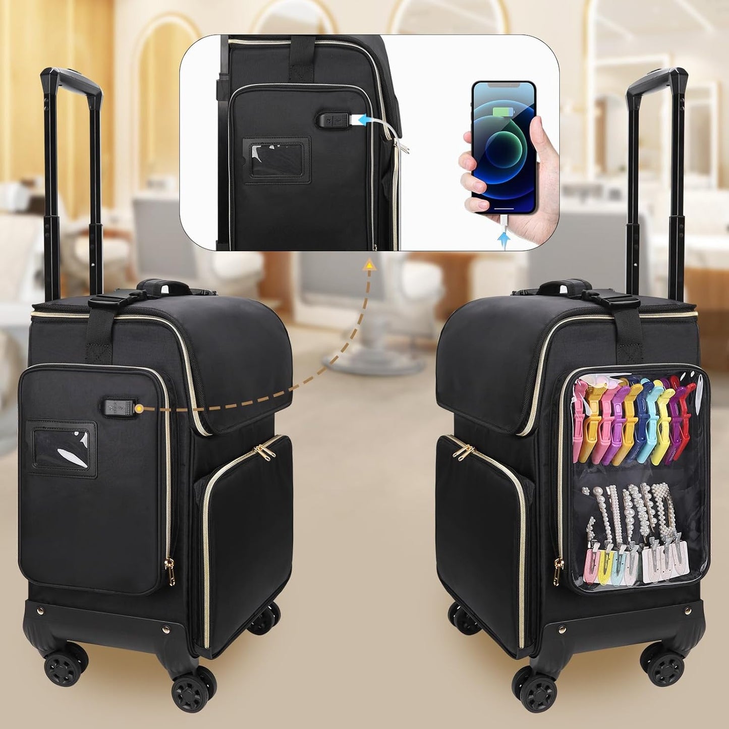 Available for sale in the United States only.Hairstylist Traveling Case with four 360° Rotatable Wheels