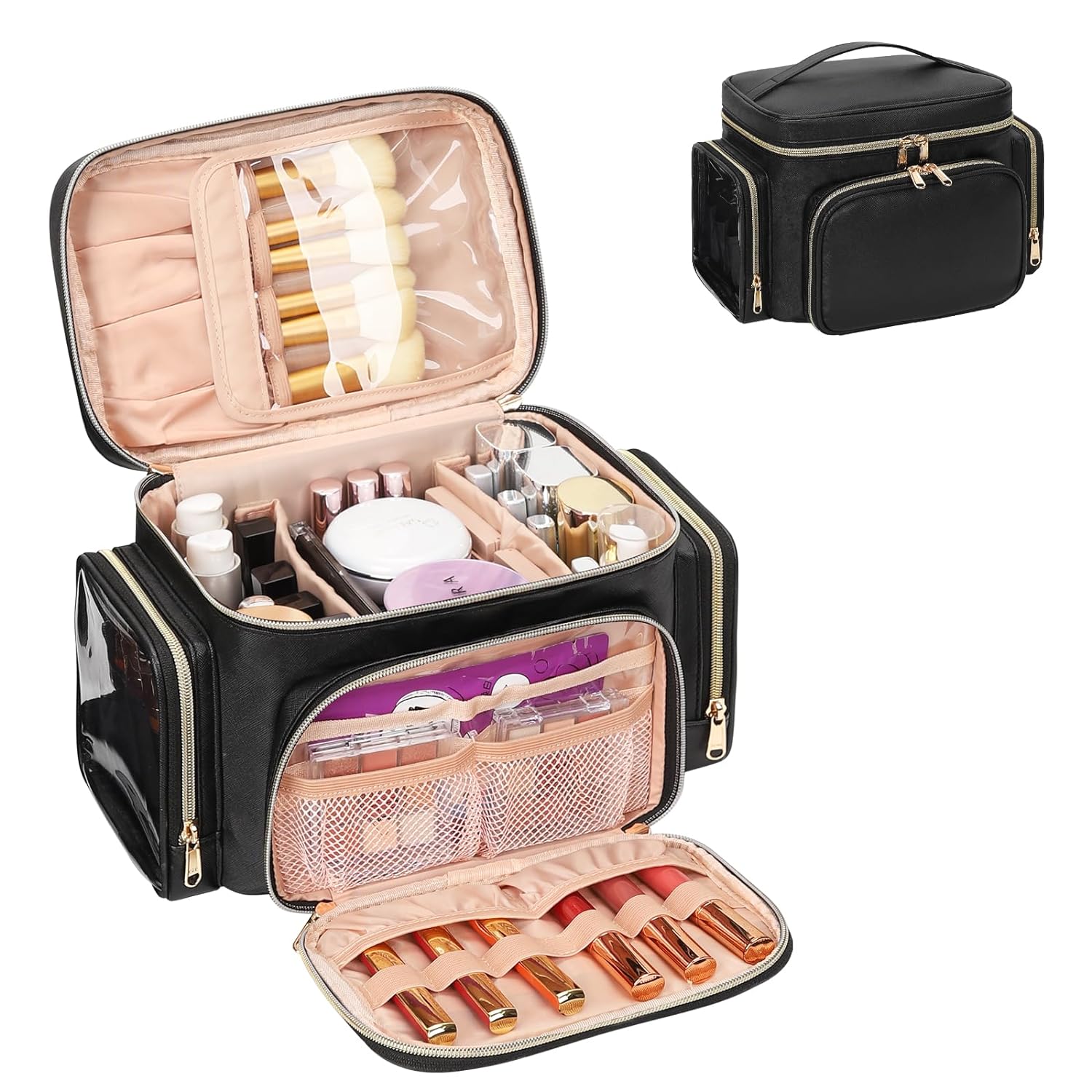 Large Makeup Bag with Makeup Brush Compartment & Two Side Pockets Black