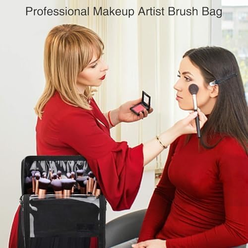 Makeup Brush Case with Shoulder Strap and Adjustable Divider (Large Black)
