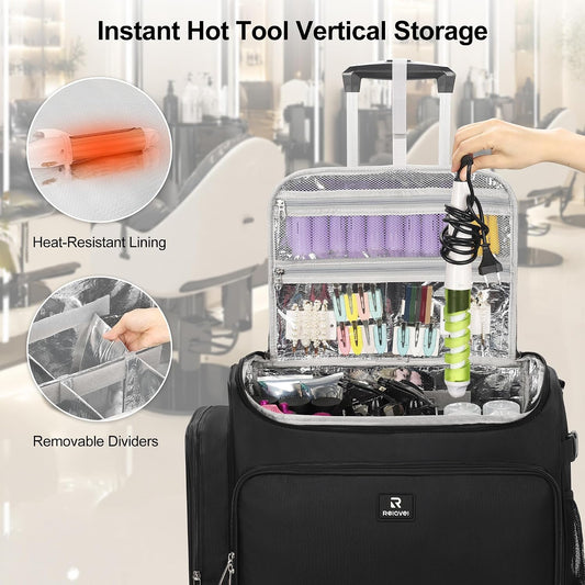 Relavel Rolling Horizontal Hair Tools Travel Makeup Case With a Removable, Foldable Pull Rod and 4 Removable 360° Spinner Wheels