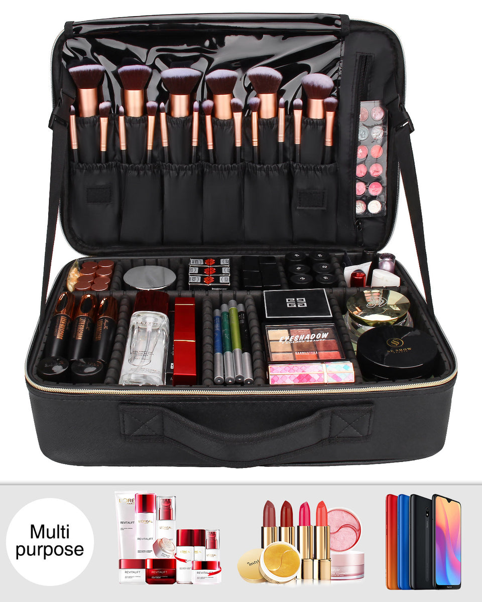 Relavel Makeup Brush Rolling Case Pouch Holder Cosmetic Bag Organizer Travel Portable 18 Pockets Cosmetics Brushes Black Leather Case, Size: 203 in