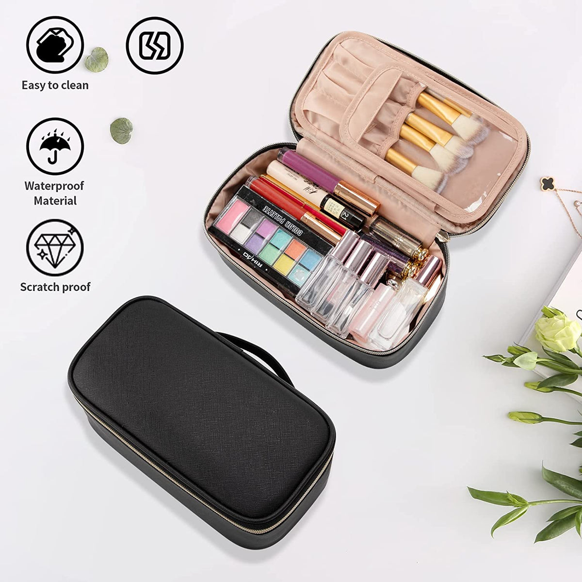 Small Makeup Bag, Relavel Cosmetic Bag for Women 2 Layer Travel Organizer  Black Handbag Purse Pouch Compact Capacity Daily Use, Brush Holder