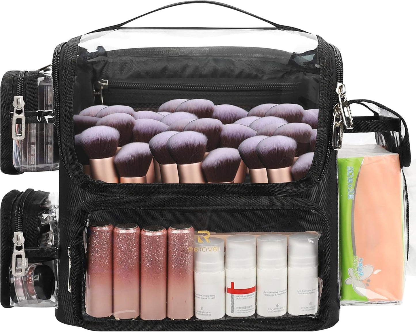 Available for sale in the United States only.Large Clear Portable Makeup Brush Bag with Adjustable Dividers & Strap