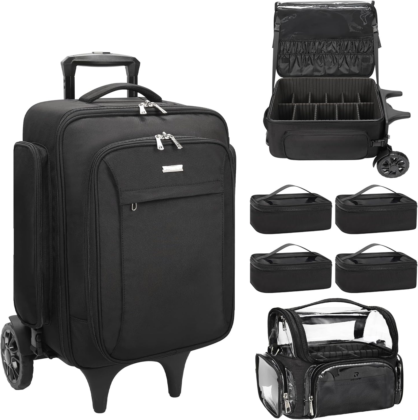 Rolling Extra Large Professional Trolley Makeup Backpack With 4 Small Bags, Detachable Trolley And Large Wheels