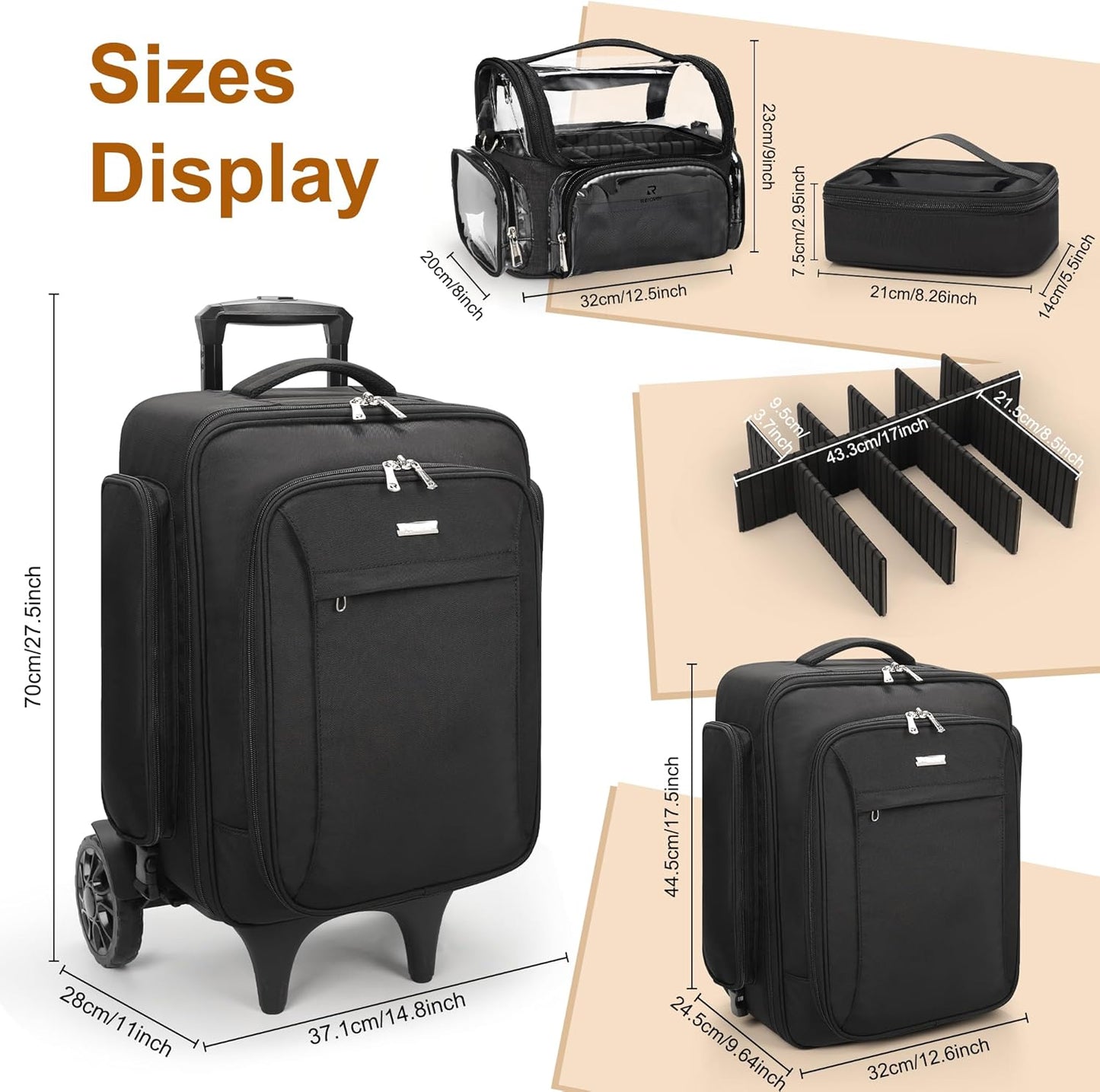 Rolling Extra Large Professional Trolley Makeup Backpack With 4 Small Bags, Detachable Trolley And Large Wheels