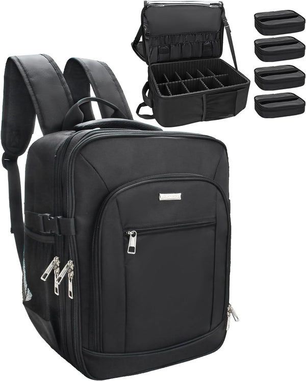 Professional Extra Large 3 Layer Makeup Backpack with 4 Small Cosmetic Bag