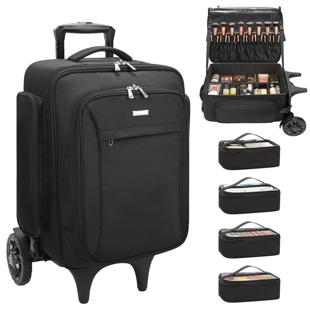 best backpack roller large travel bag Rolling Extra Large Professional Trolley Makeup Backpack With 4 Small Bags, Detachable Trolley And Large Wheels Black With Clear Brush Case