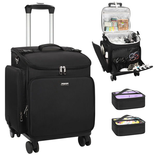 Relavel Hairstylist Rolling Makeup Case With a Removable, Foldable Pull Rod and 4 Removable 360° Spinner Wheels