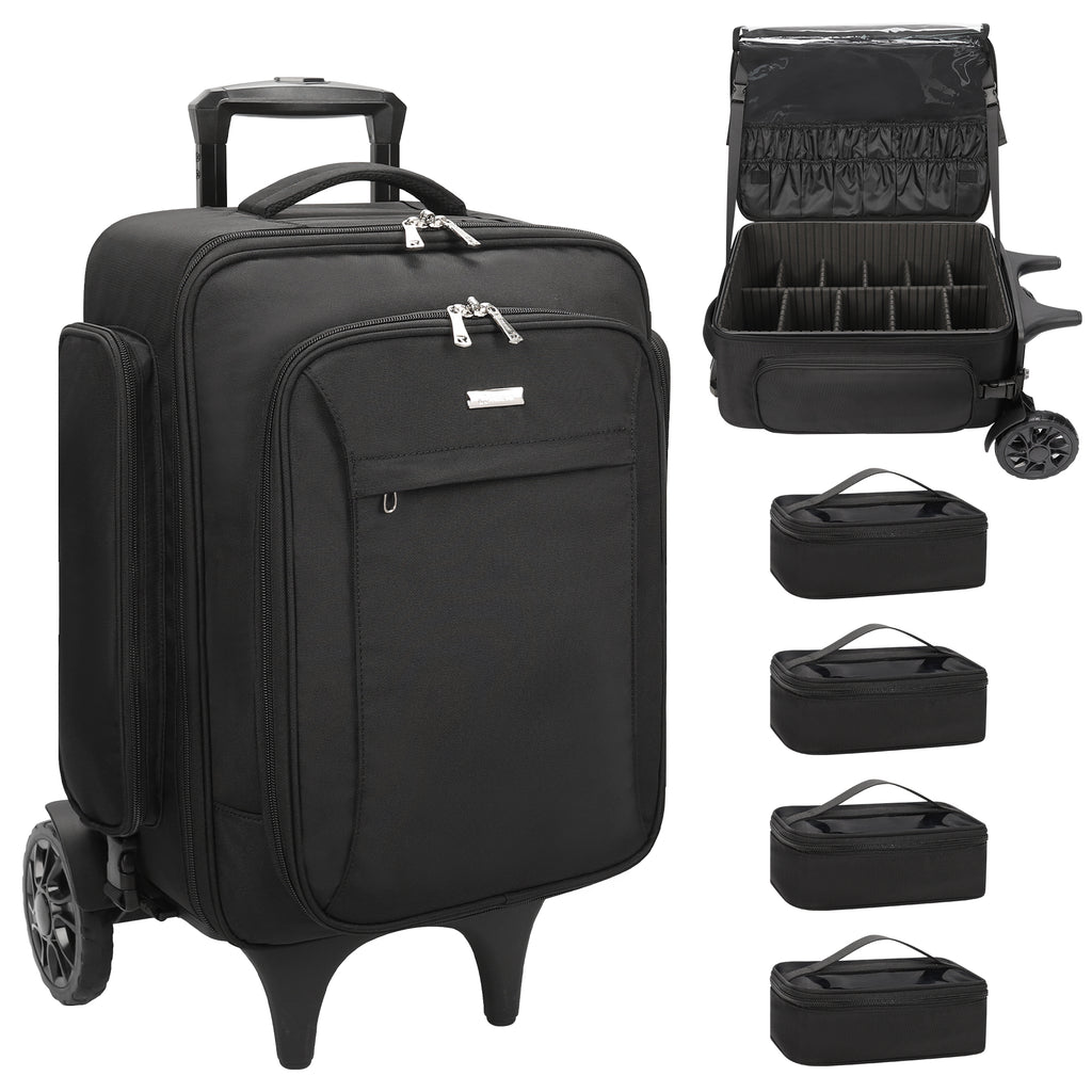 best rolling backpack for travel market research Rolling Extra Large Professional Trolley Makeup Backpack With 4 Small Bags, Detachable Trolley And Large Wheels Black With Clear Brush Case
