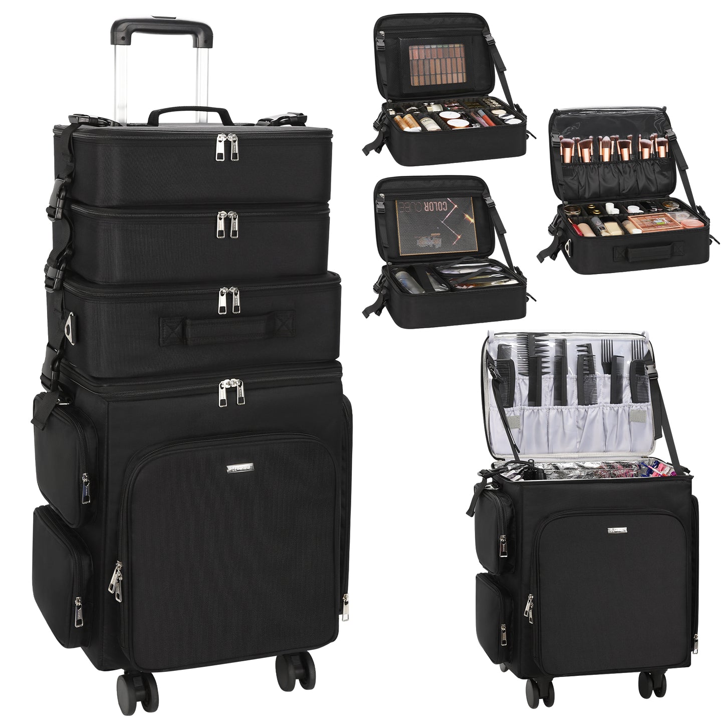 Relavel Rolling 4 in 1 Makeup Case With 4 Removable 360° Spinner Wheels, Adjustable Dividers