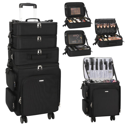 Relavel Rolling 4 in 1 Makeup Case With 4 Removable 360° Spinner Wheels, Adjustable Dividers