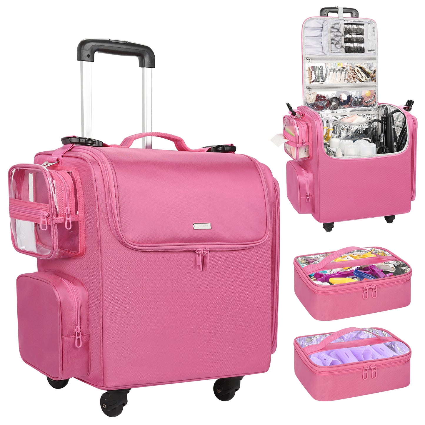 Rolling Hairstylist Makeup Train Case with 4 Wheels, Rose Pink
