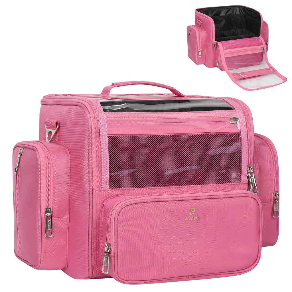 Clear Extra Large Makeup Brush Holder with Adjustable Strap and Dividers, Rose Pink