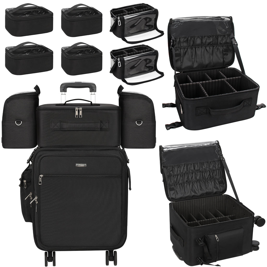 New Extra Large 4 in 1 Rolling Makeup Case With 4 Clear bags and 4 Removable 360° Spinner Wheels, Adjustable Dividers
