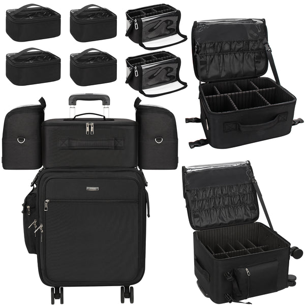New Extra Large 4 in 1 Rolling Makeup Case With 4 Clear bags and 4 Removable 360° Spinner Wheels, Adjustable Dividers