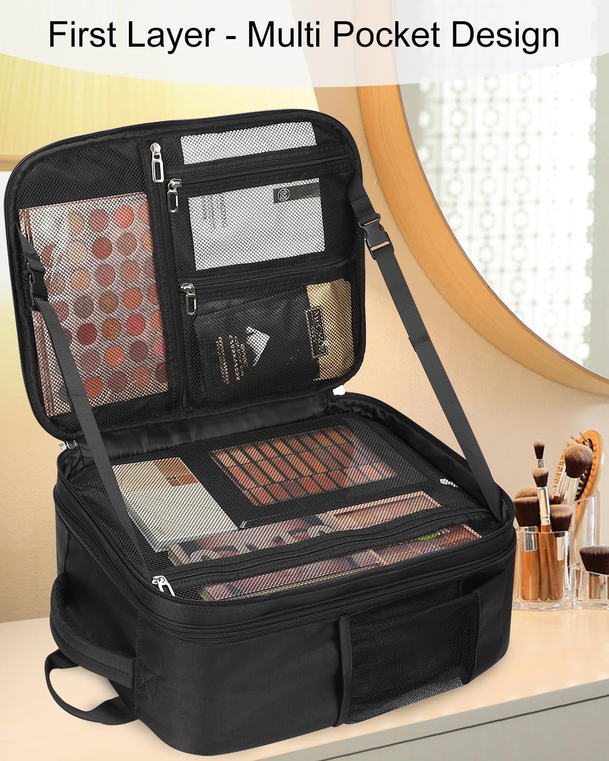 Professional Extra Large 3 Layer Makeup Backpack with 4 Small Cosmetic Bag Black with Clear Brush Case