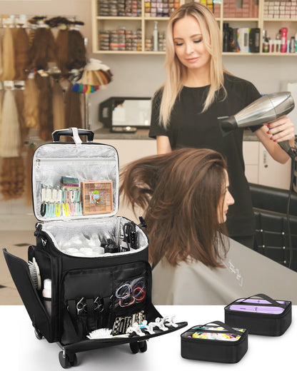 Relavel Hairstylist Rolling Makeup Case With a Removable, Foldable Pull Rod and 4 Removable 360° Spinner Wheels