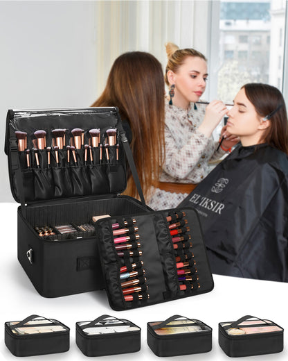 Extra Large Makeup Case with 4 Clear Bags and Lipstick Plate