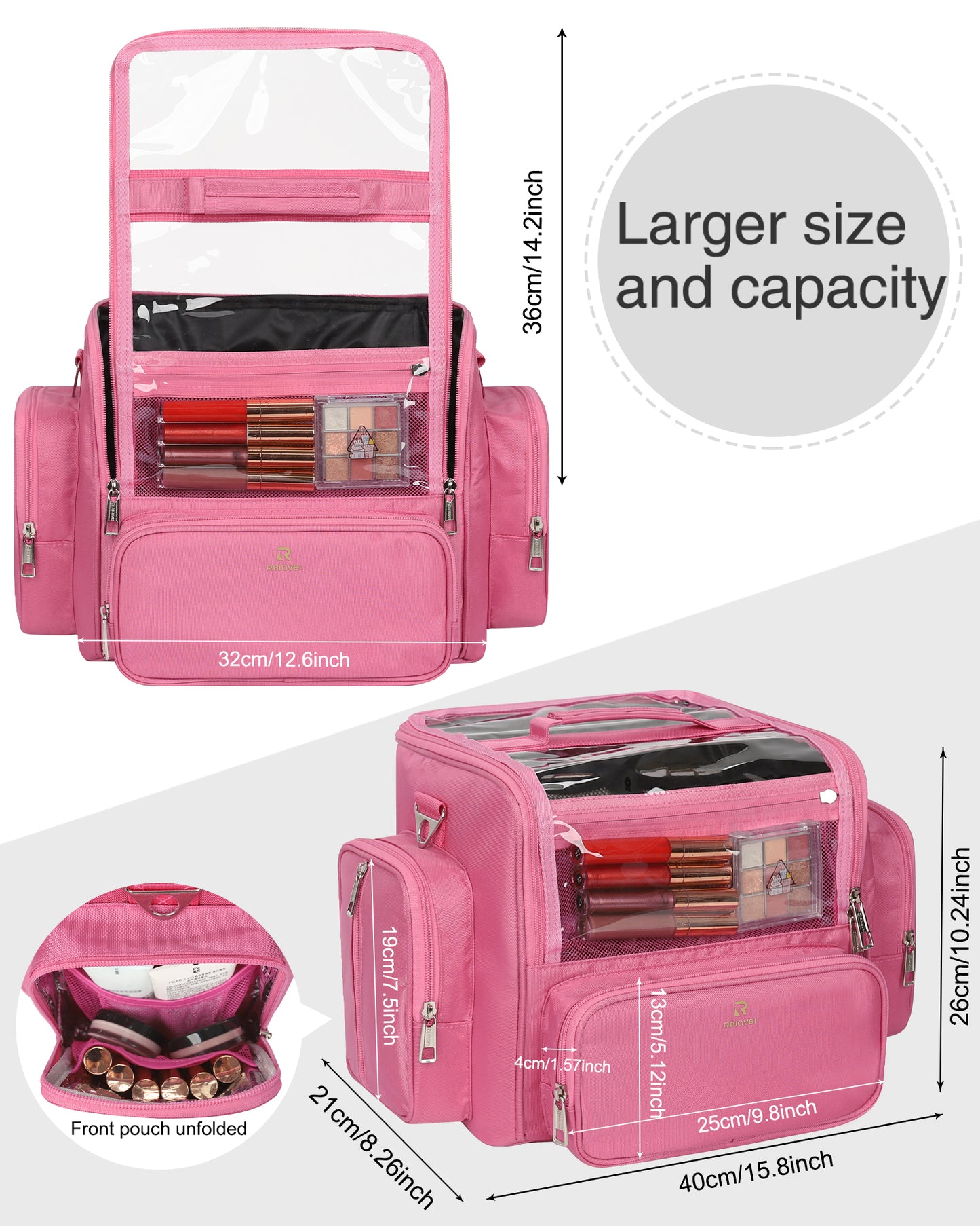 Clear Extra Large Makeup Brush Holder with Adjustable Strap and Dividers, Rose Pink