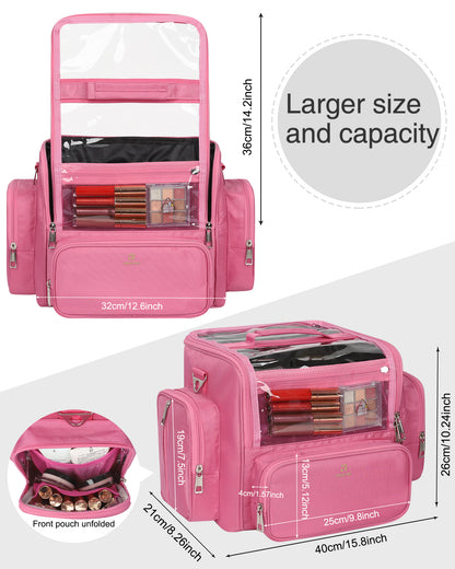Clear Extra Large Makeup Brush Holder with Adjustable Strap and Dividers, Rose Pink