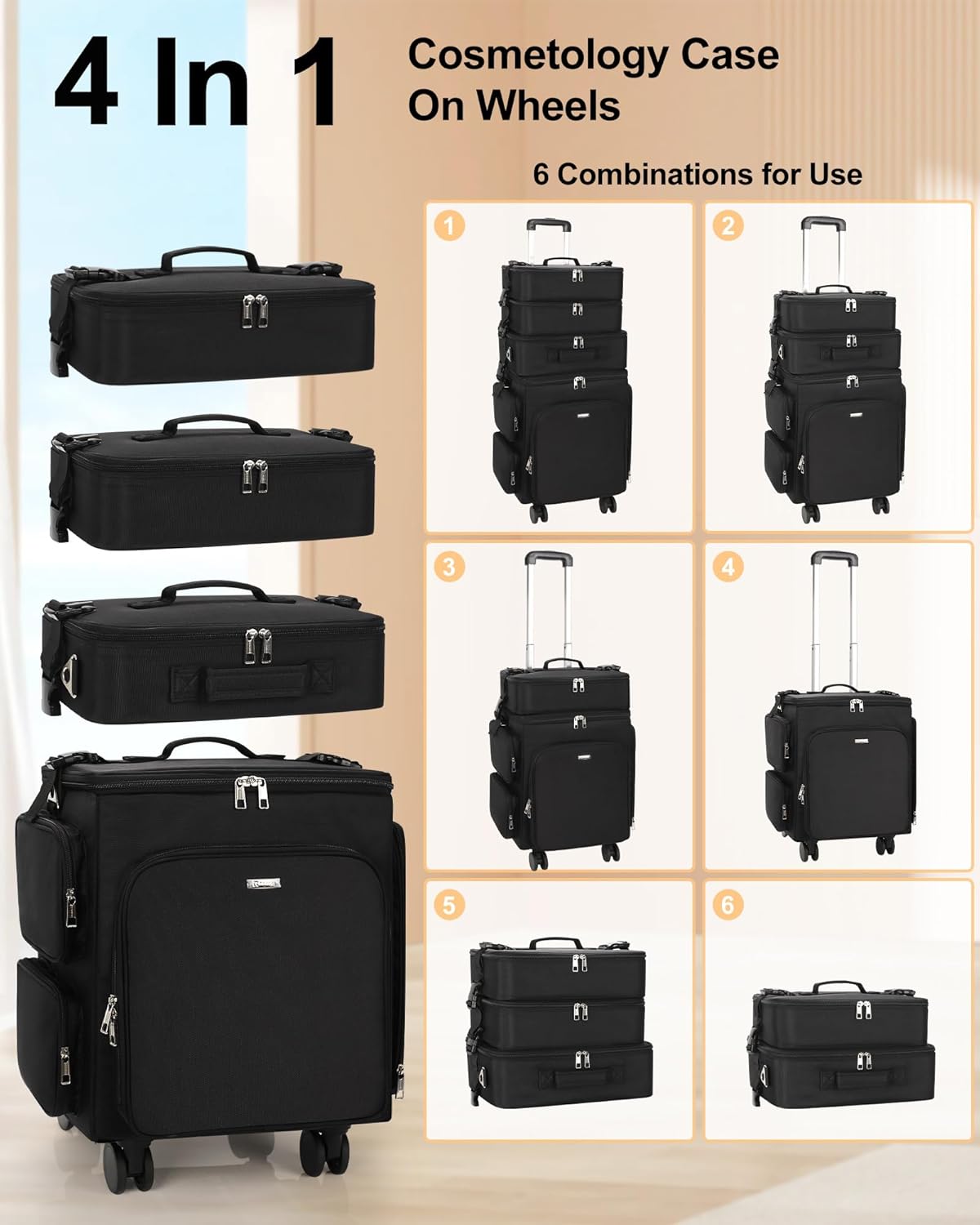 Relavel Rolling 4 in 1 Makeup Case With 4 Removable 360° Spinner Wheels, Adjustable Dividers