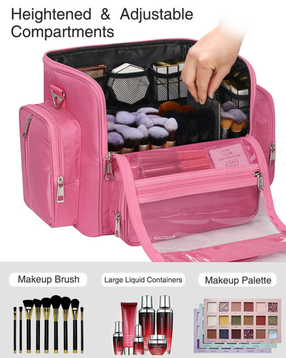Clear Extra Large Makeup Brush Holder with Adjustable Strap and Dividers, Rose Pink