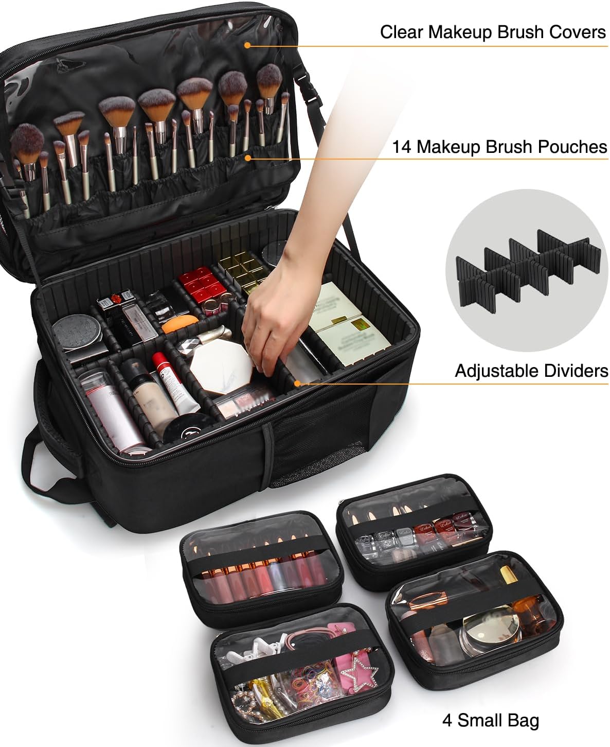 Professional Extra Large 3 Layer Makeup Backpack with 4 Small Cosmetic Bag