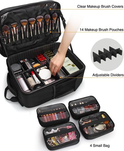 Professional Extra Large 3 Layer Makeup Backpack with 4 Small Cosmetic Bag