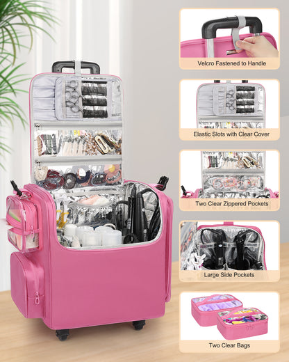Rolling Hairstylist Makeup Train Case with 4 Wheels, Rose Pink
