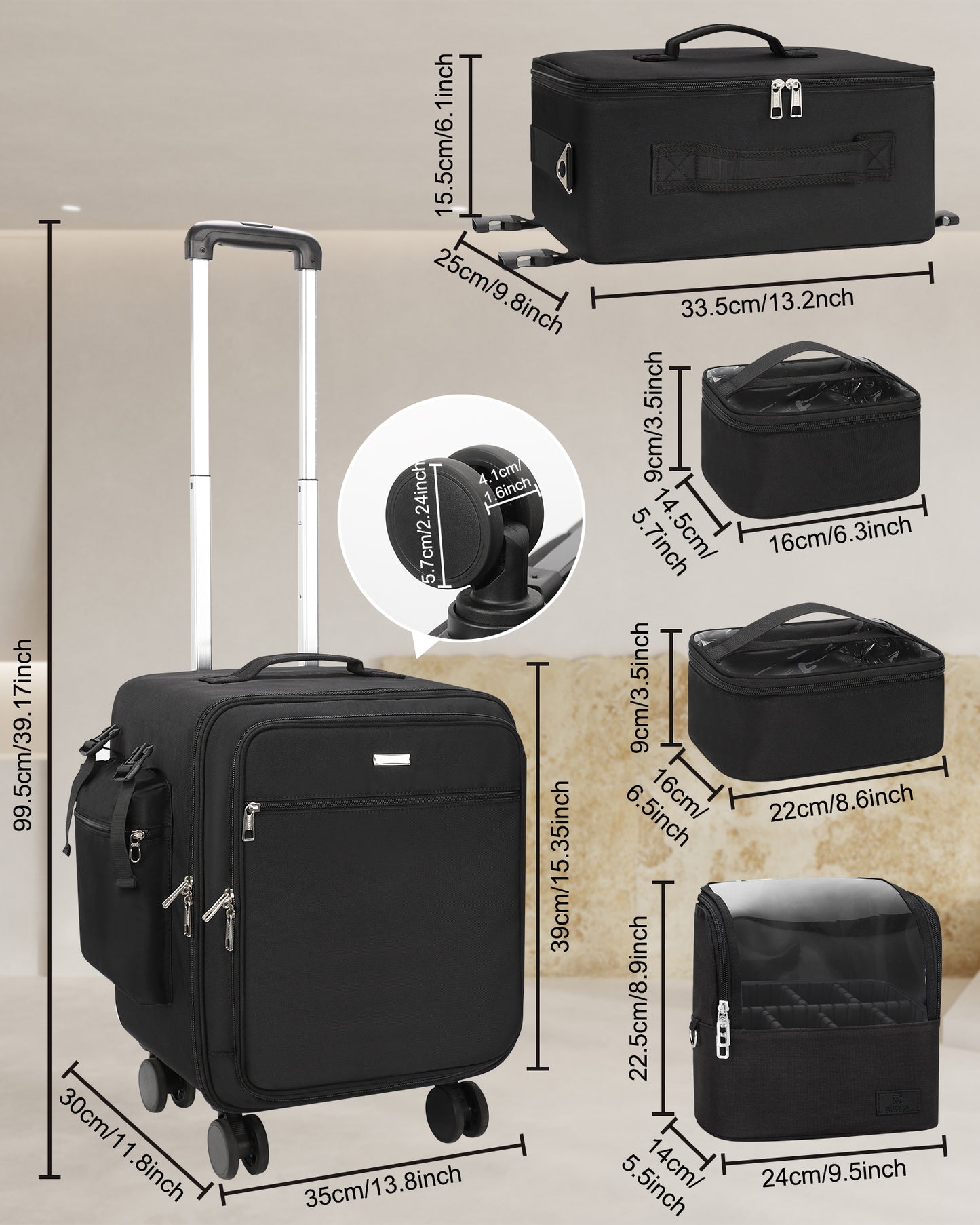 New Extra Large 4 in 1 Rolling Makeup Case With 4 Clear bags and 4 Removable 360° Spinner Wheels, Adjustable Dividers