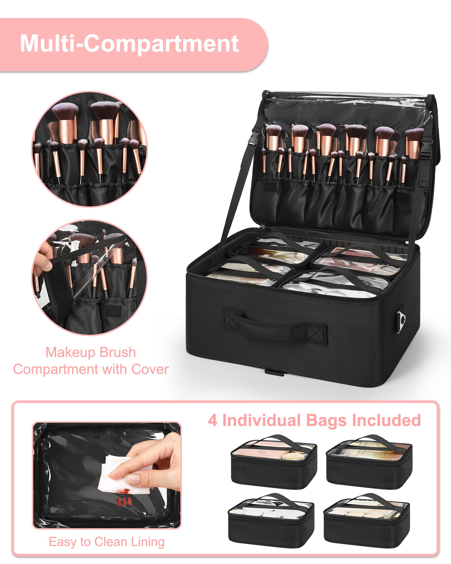 Extra Large Makeup Case with 4 Clear Bags and Lipstick Plate
