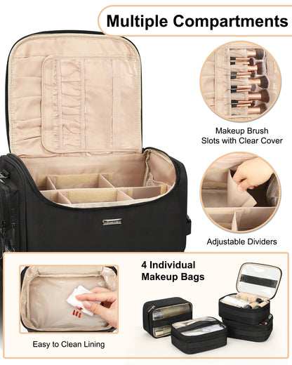 Relavel Rolling Makeup Case With a Removable, Foldable Pull Rod and 4 Removable 360° Spinner Wheels