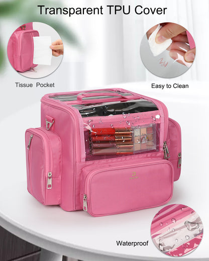 Clear Extra Large Makeup Brush Holder with Adjustable Strap and Dividers, Rose Pink