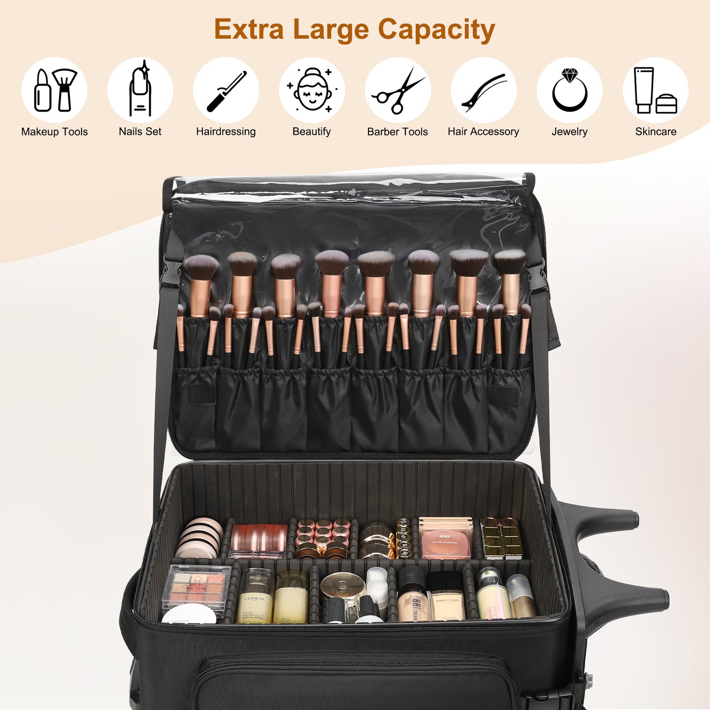 Rolling Extra Large Professional Trolley Makeup Backpack With 4 Small Bags, Detachable Trolley And Large Wheels