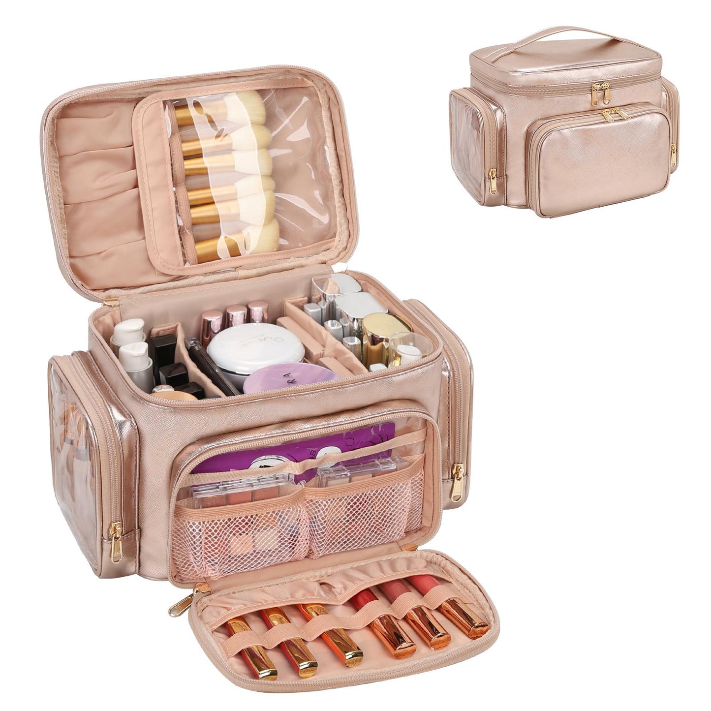 Large Makeup Bag with Makeup Brush Compartment & Two Side Pockets Pink