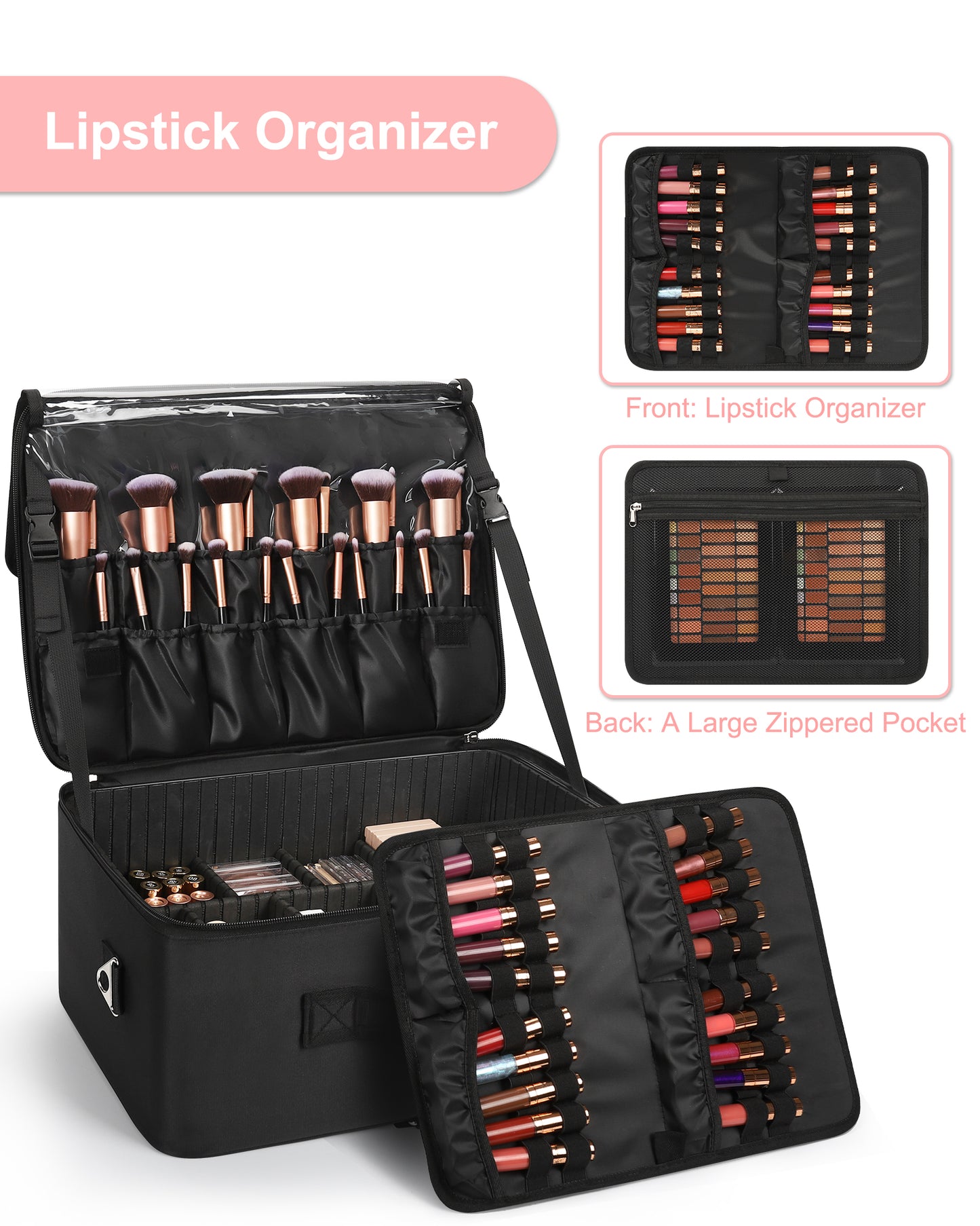 Extra Large Makeup Case with 4 Clear Bags and Lipstick Plate