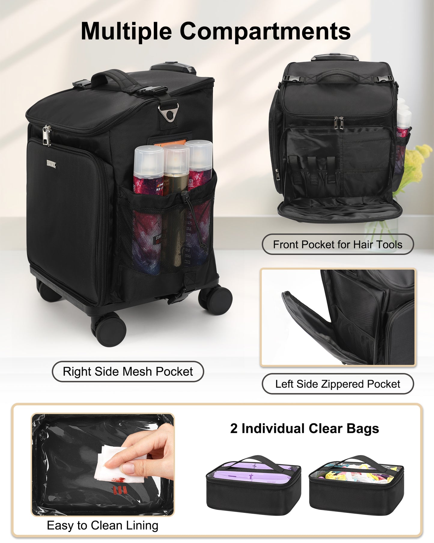 Relavel Hairstylist Rolling Makeup Case With a Removable, Foldable Pull Rod and 4 Removable 360° Spinner Wheels