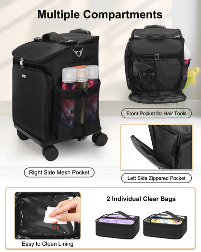 Relavel Hairstylist Rolling Makeup Case With a Removable, Foldable Pull Rod and 4 Removable 360° Spinner Wheels