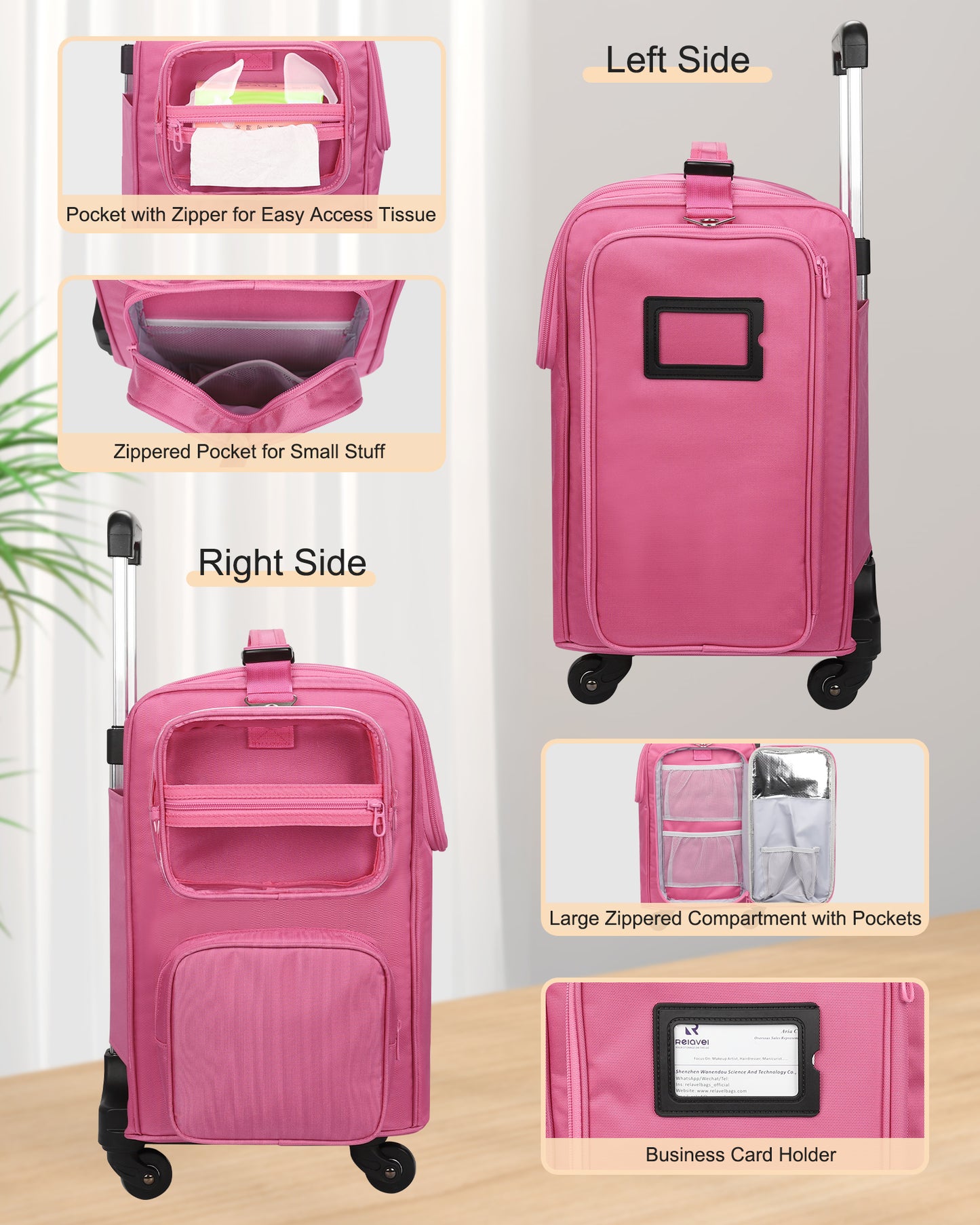 Rolling Hairstylist Makeup Train Case with 4 Wheels, Rose Pink