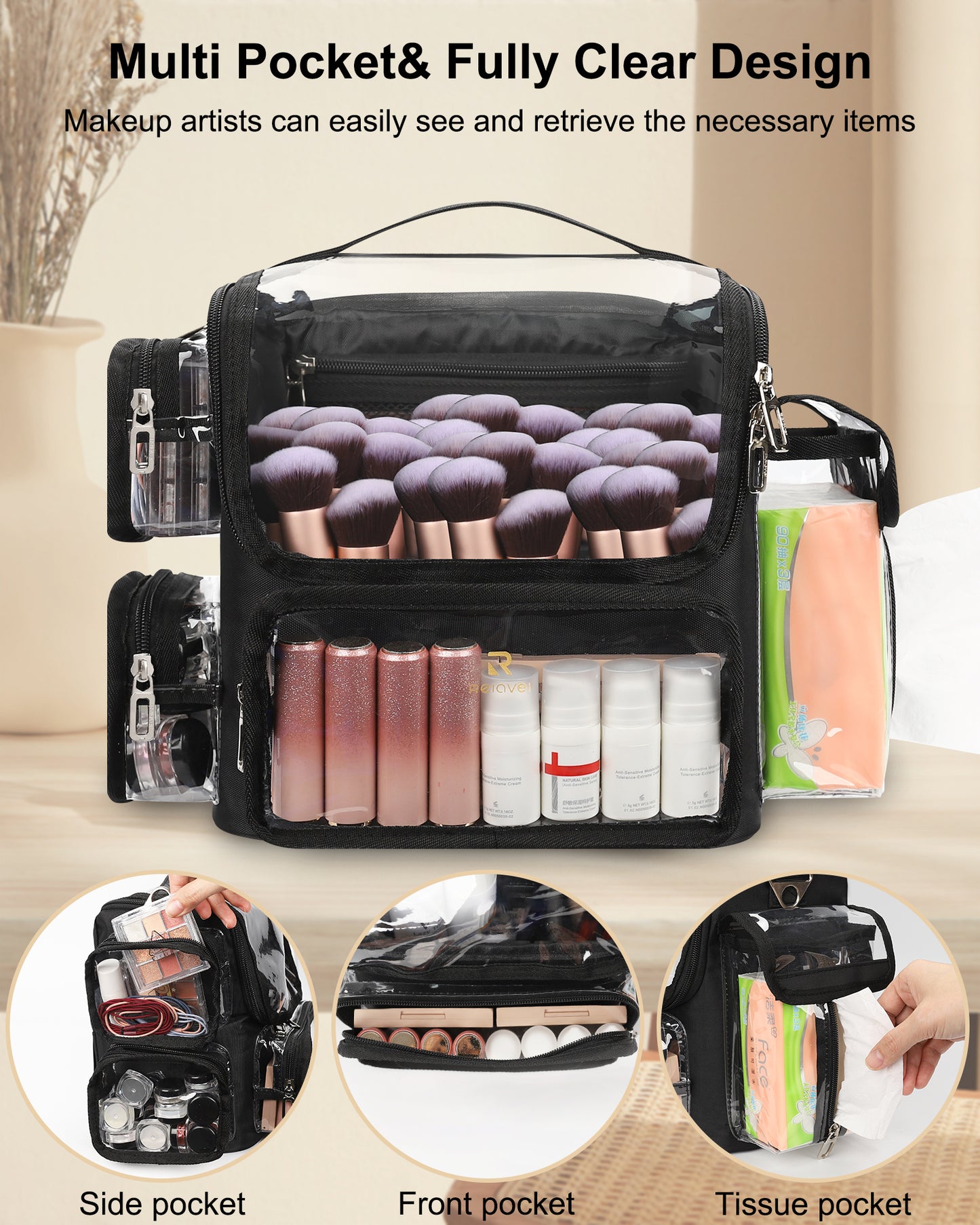 Available for sale in the United States only.Large Clear Portable Makeup Brush Bag with Adjustable Dividers & Strap