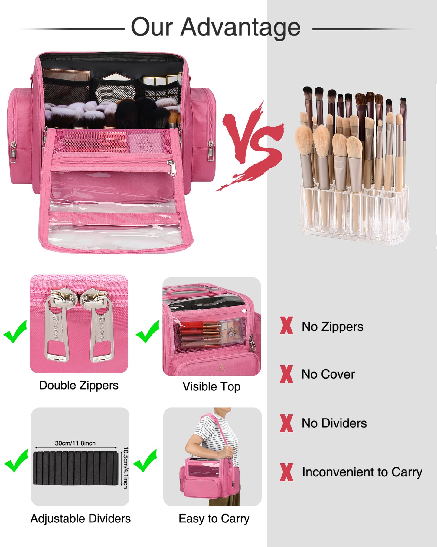 Clear Extra Large Makeup Brush Holder with Adjustable Strap and Dividers, Rose Pink