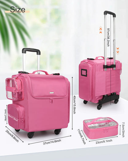Rolling Hairstylist Makeup Train Case with 4 Wheels, Rose Pink