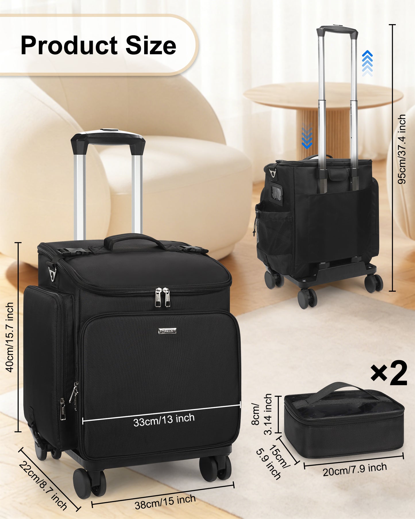 Relavel Hairstylist Rolling Makeup Case With a Removable, Foldable Pull Rod and 4 Removable 360° Spinner Wheels